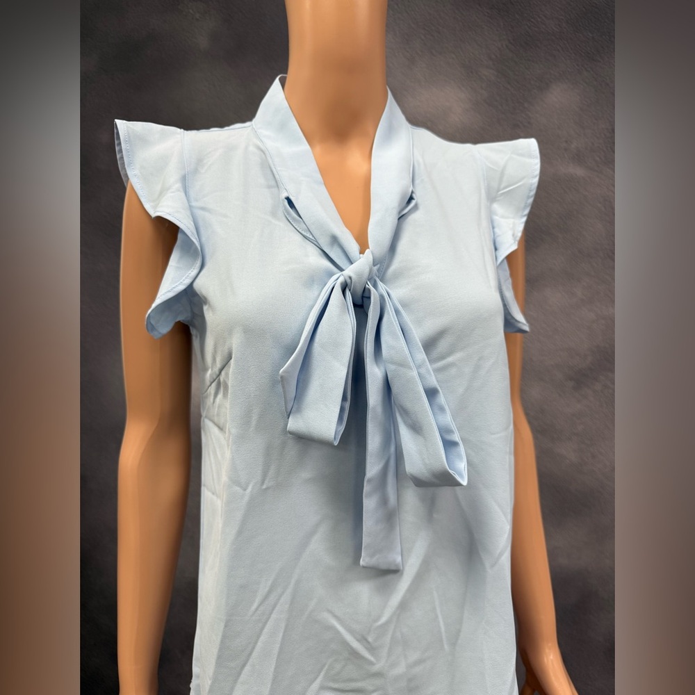 Light Blue Tie-Neck Flutter Sleeve Top